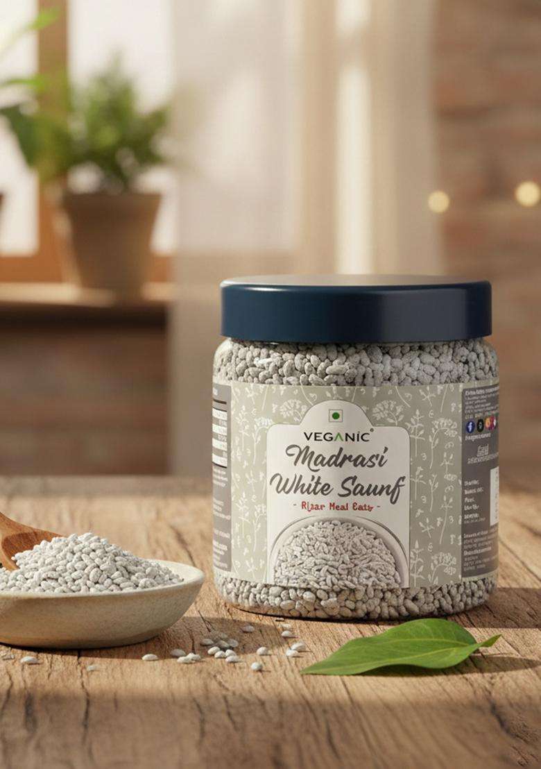 Veganic Organic Fresh Peppermint Coated Fennel Seeds | Thandi/Thhandai Sounf | White Fennel Seeds/Meethi Saunf/Mukhwas/Madrasi Sauf Mouthfreshner (200 grams) - Indya