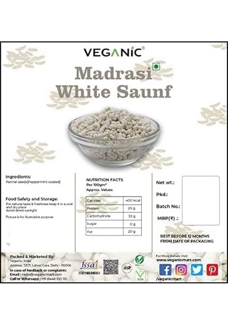 Veganic Organic Fresh Peppermint Coated Fennel Seeds | Thandi/Thhandai Sounf | White Fennel Seeds/Meethi Saunf/Mukhwas/Madrasi Sauf Mouthfreshner (200 grams) - Indya