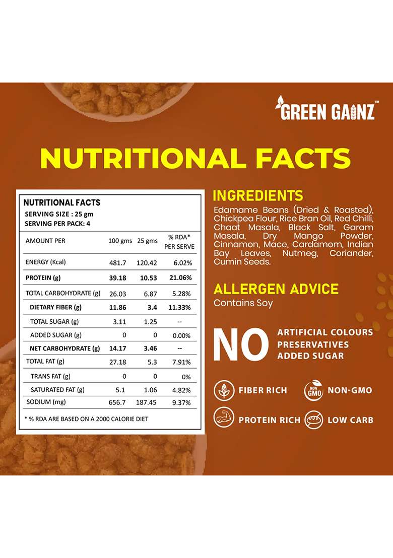 Green Gainz Roasted Edamame New Desi Masala Flavour | Healthy Namkeen Snacks | Protein Rich Snacks | High Protein Clean Label | Protein Rich Namkeen | No Palm Oil (pack of 1-100gm each) - Indya