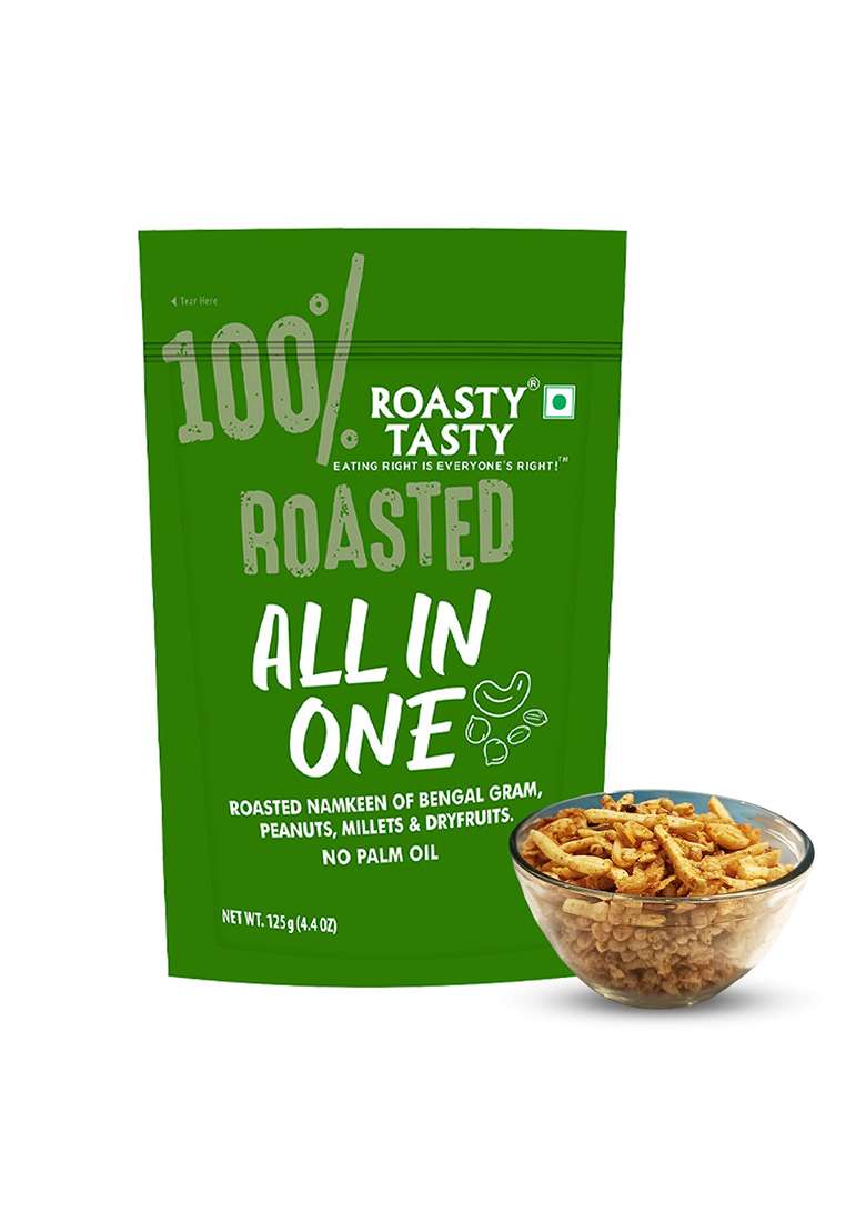 Roasty Tasty All in One | No Onion No Garlic Roasted Namkeen Mix | Healthy Indian Snack with Peanuts, Millets, Dry Fruits 125g x 3 Packs - Indya