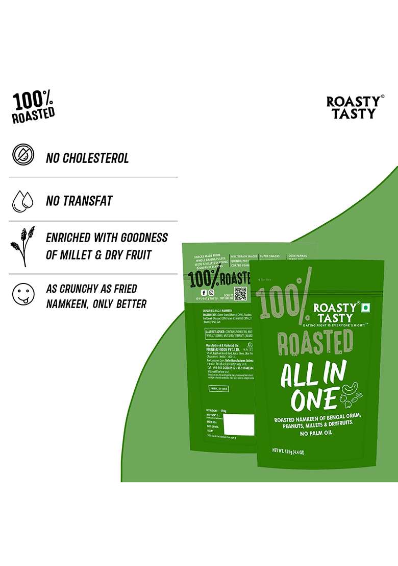 Roasty Tasty All in One | No Onion No Garlic Roasted Namkeen Mix | Healthy Indian Snack with Peanuts, Millets, Dry Fruits 125g x 3 Packs - Indya