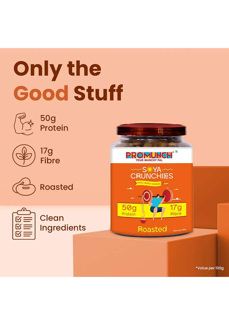 Promunch Soya Crunchies | Vegan | High-Protein | Healthy | Pack of 1, Flavour: Noodle Masala, 270g - Indya