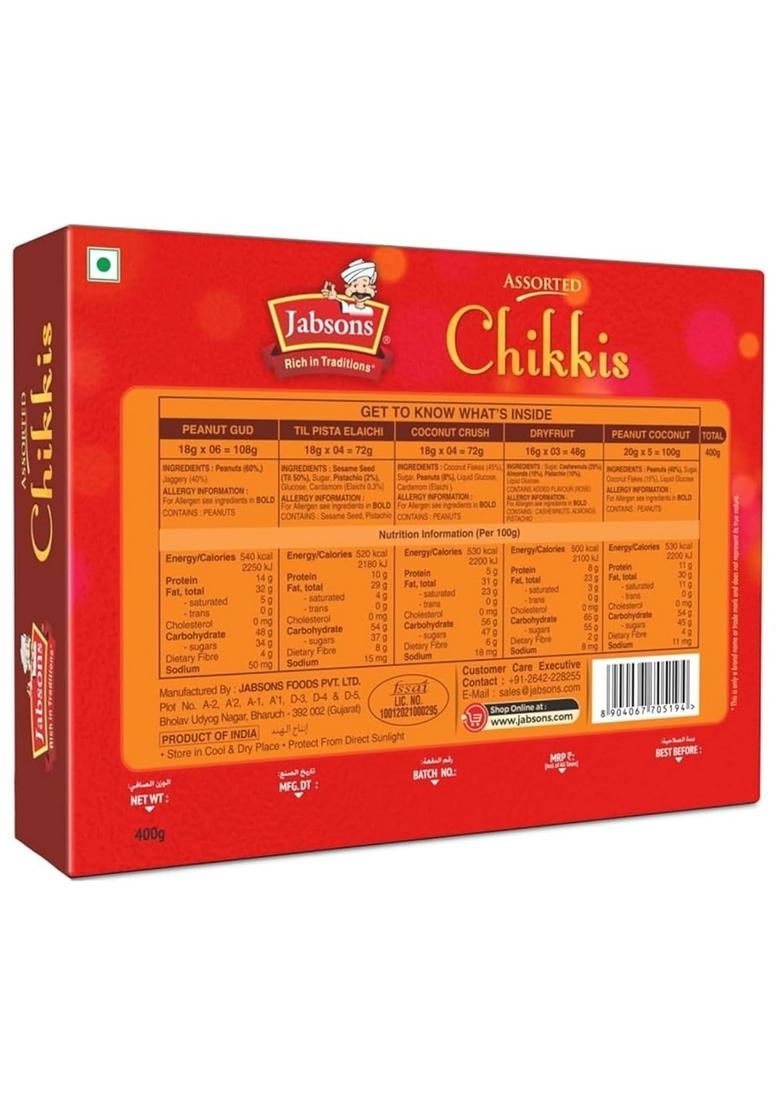 Jabsons Assorted Chikki 400g | Mixed Indian Sweet Bars with Peanuts, Sesame, Dryfruits, Jaggery | Festive Snack Box | Traditional Healthy Mithai
