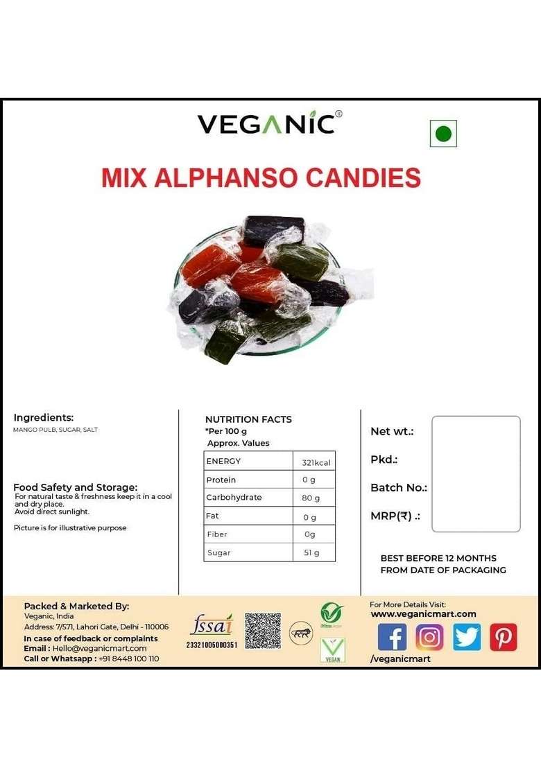 Veganic Mix Alphanso Candy | Mango Candy For Kids And Your Family | Black, Green, Orange Aam Papad Candies | Khatta Meetha Aam Papd (400G) Pack of 1 - Indya