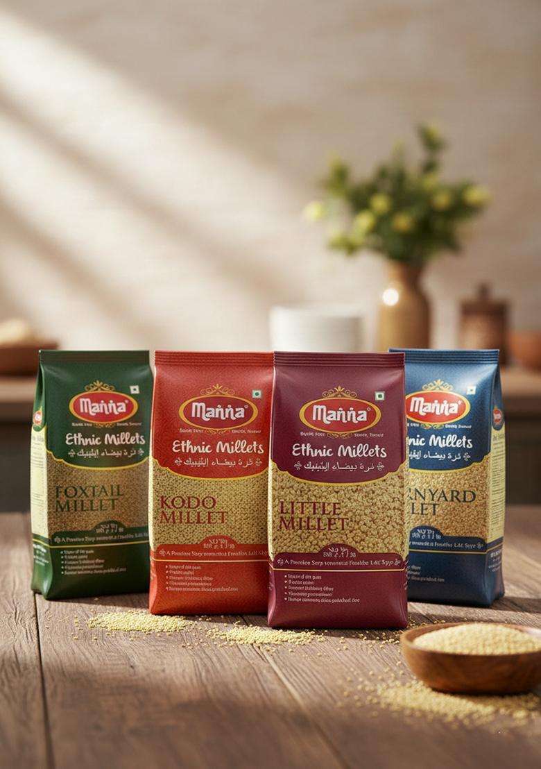 Manna Millets 2kg Whole Grains Combo Pack of 4, Foxtail, Kodo, Little,Barnyard. Certified low GI. Unpolished. Natural Grains, 500g (Pack of 4) - Indya