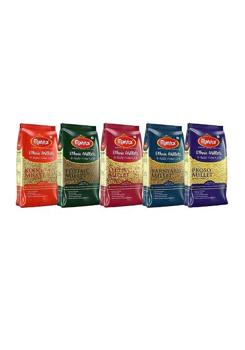 Manna Millets 2.5Kg Whole Grains, Combo Pack of 5, Foxtail, Kodo, Little, Barnyard, Proso, Certified Low GI, Unpolished Natural Grains 500g (Pack of 5)