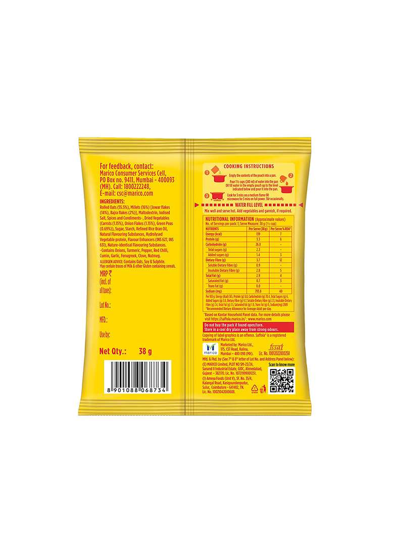 Saffola Masala Oats|38g| Classic Masala | Tasty, Anytime Snack | Ready in 3 mins | Millets Goodness- with Bajra & Jowar | No maida , No added preservatives | helps manage weight - Indya