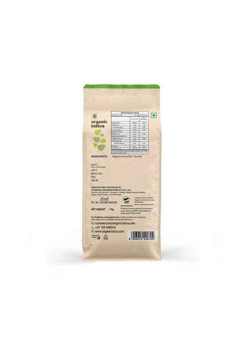 Organic Tattva Toor Dal, 1kg Arhar Dal - Indya