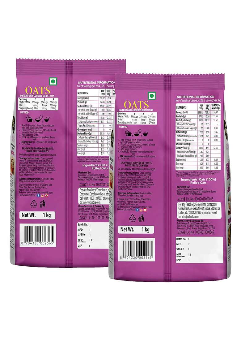 Disano Rolled Oats, 1kg (Pack of 2), Wholegrain Oats, High in Protein and Fiber, 100% Natural & Gluten Free, Ready in 3 Minutes, Preservative Free - Indya