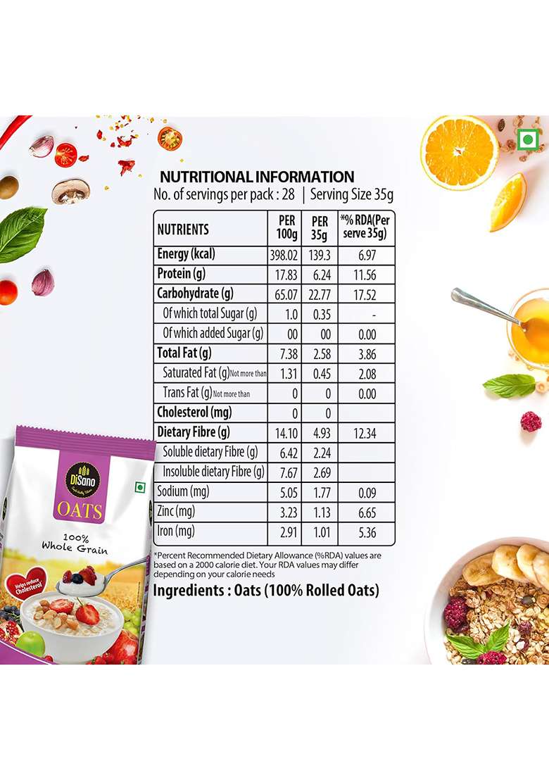 Disano Rolled Oats, 1kg (Pack of 2), Wholegrain Oats, High in Protein and Fiber, 100% Natural & Gluten Free, Ready in 3 Minutes, Preservative Free - Indya