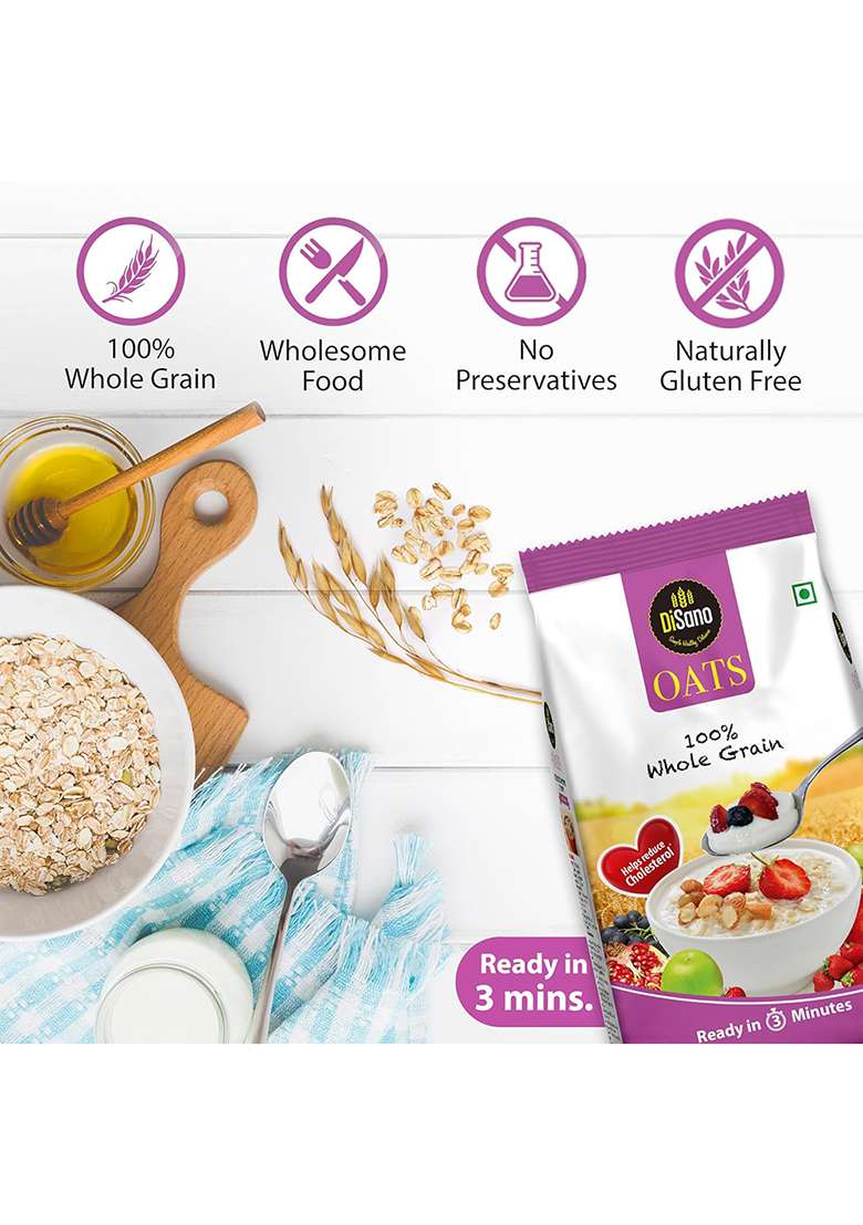 Disano Rolled Oats, 1kg (Pack of 2), Wholegrain Oats, High in Protein and Fiber, 100% Natural & Gluten Free, Ready in 3 Minutes, Preservative Free - Indya