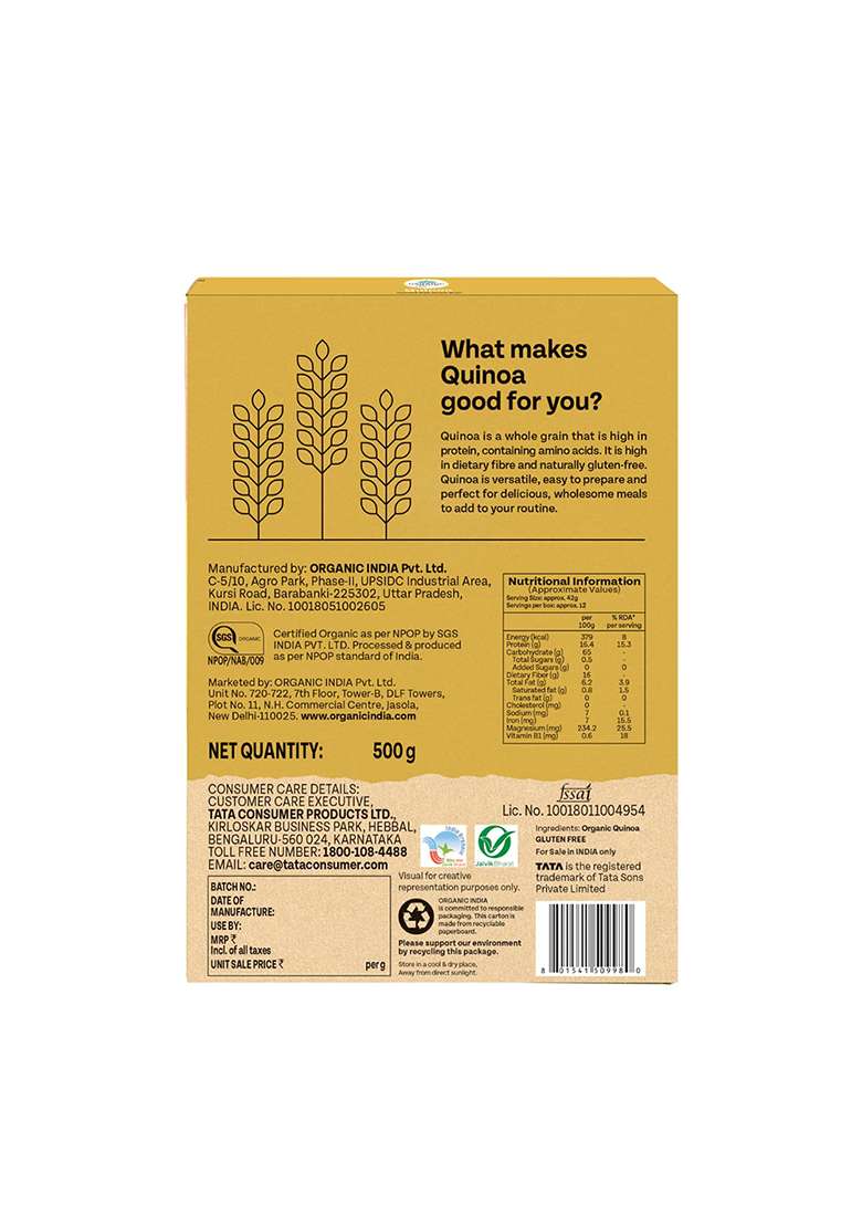 Organic India A TATA Product â€“ Quinoa â€“ 500g Nutrient-Rich Whole Grain Protein-Rich Gluten-Free Source of Iron & Magnesium - Indya