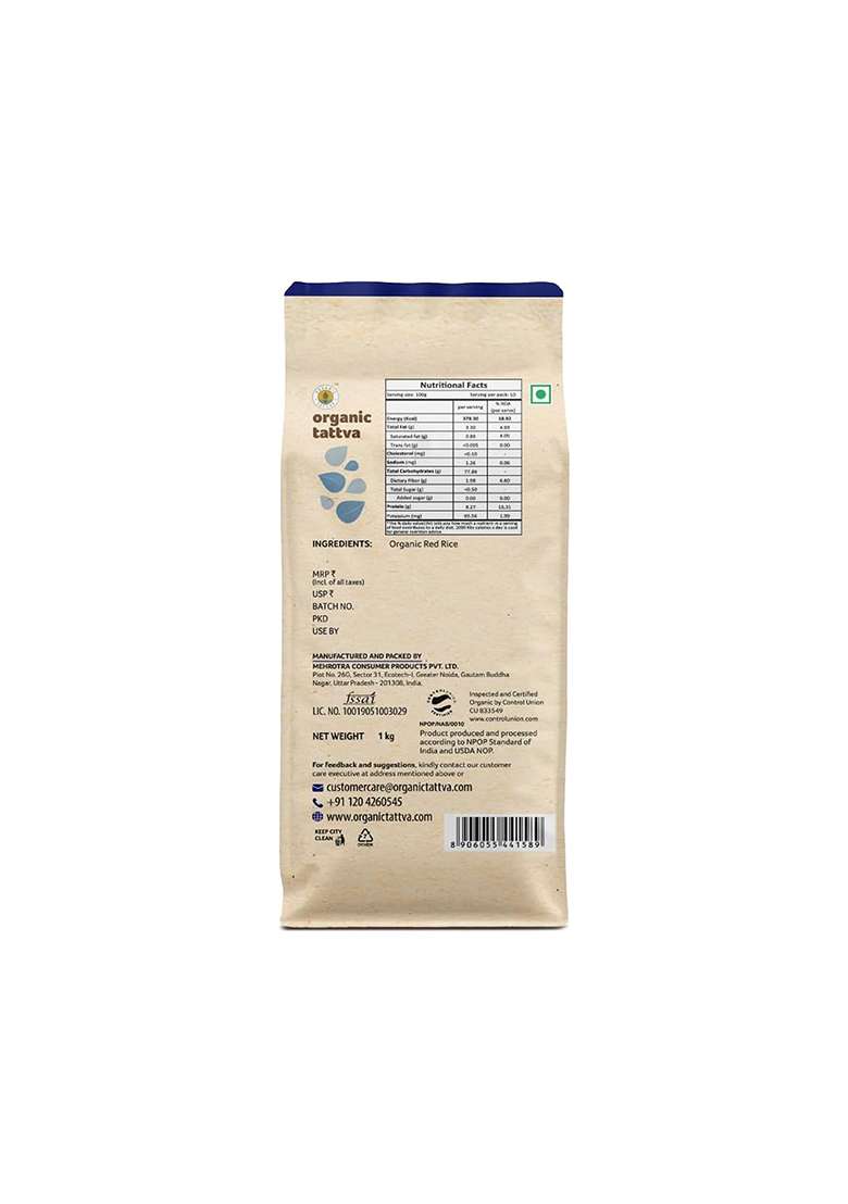 Organic Tattva - Red Rice 1 Kg | Rich Source Of Iron, Vitamins And Antioxidants Certified Organic, Gluten Free No Additives - Indya