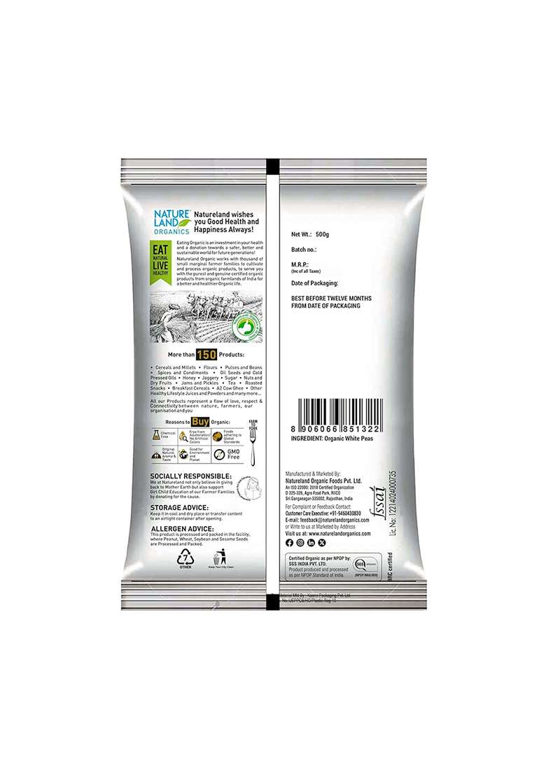 Natureland Organics White Peas 500 Gm - Organic Peas - Indya