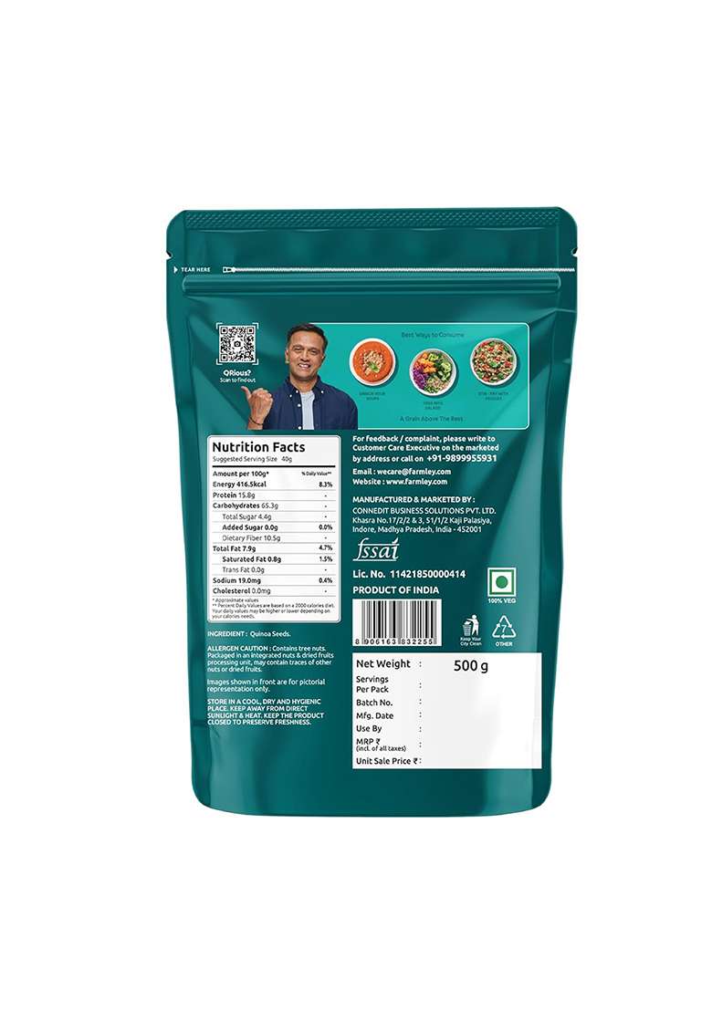 Farmley Natural Quinoa 500 g | Gluten Free | Ready To Cook | High Fibre & Protein Content Quinoa Seeds (Pack of 1) - Indya