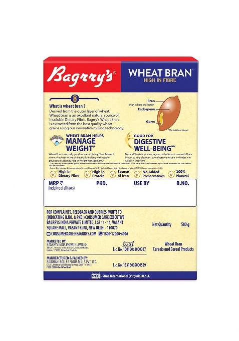 Bagrry'S Bagrryâ€™s Wheat Bran 500g High Fibre & Protein Natural Prebiotic Supports Digestion & Gut Health Ideal for Weight Loss & Baking Add to Atta No Preservatives