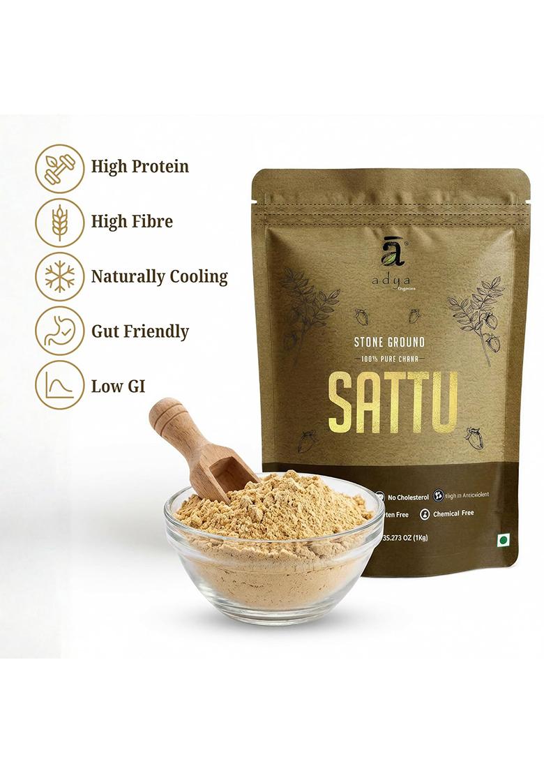 Adya Organics Sattu Powder | Gluten Free Roasted Black Chana Flour | 100% Natural & Gluten Free Chana Sattu l Atta with High Fiber | Sattu Drink Powder 1Kg- (Pack of 1)