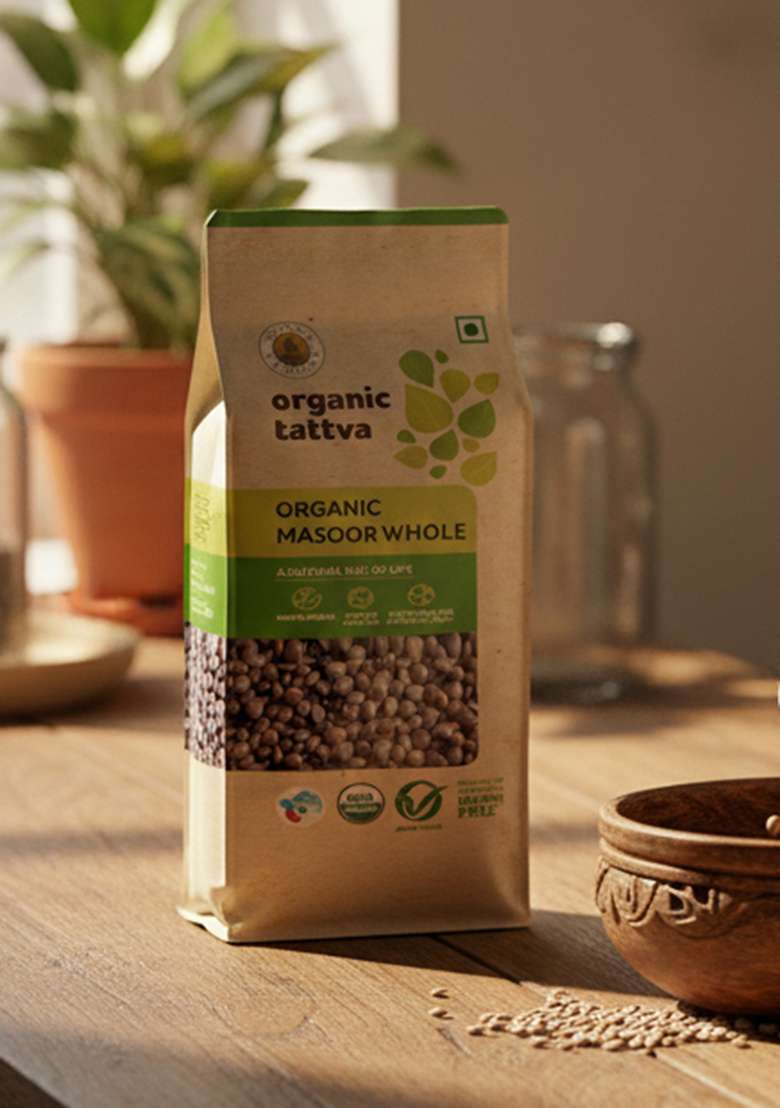 Organic Tattva Masoor Dal 500gms | Black Whole Sabut Unpolished Rich in Protein Fiber Gluten Free Healthy Pulses for Everyday Cooking - Indya