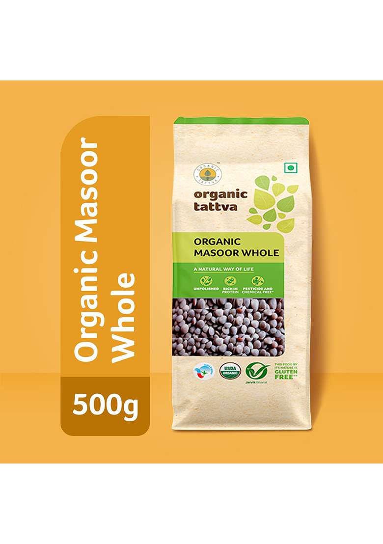 Organic Tattva Masoor Dal 500gms | Black Whole Sabut Unpolished Rich in Protein Fiber Gluten Free Healthy Pulses for Everyday Cooking - Indya