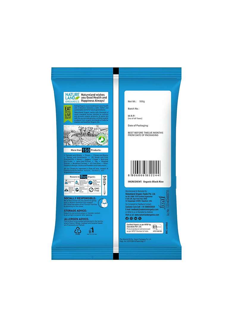 Natureland Organics Black Rice 500 Gm - Organic Rice - Indya