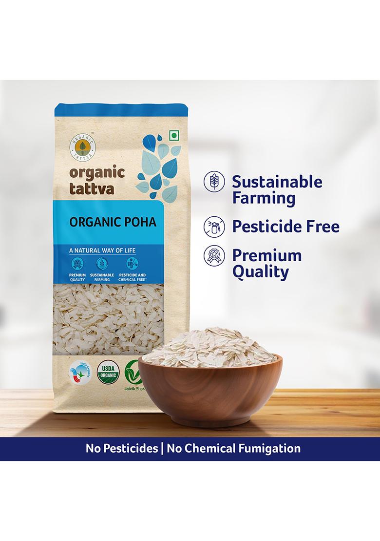 Organic Tattva Organic White Poha – Nutrient-Rich Flattened Rice | 500 Gram