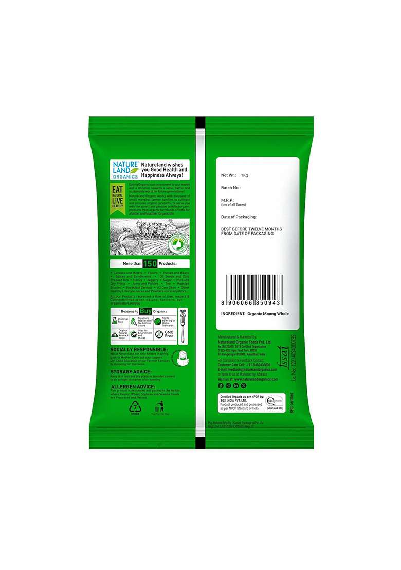 Natureland Organics Moong Sabut/Whole Daal 1 Kg - Organic Healthy Pulses - Indya