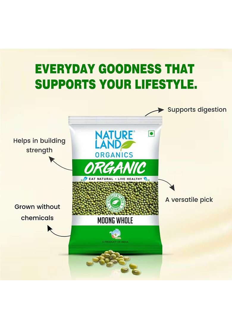 Natureland Organics Moong Sabut/Whole Daal 1 Kg - Organic Healthy Pulses - Indya