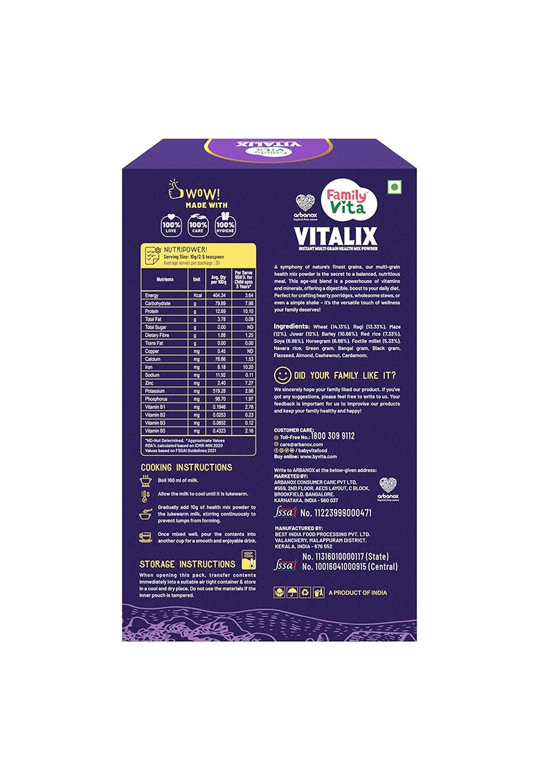 Babyvita Arbanox Family Vita Vitalix Instant Multi Grain Health Mix Powder|17 Powerful Wellness Ingredients| Trusted by Millions|100% Natural| No Preservatives or Added Sugar| Convenient & Nutritious| 300GM