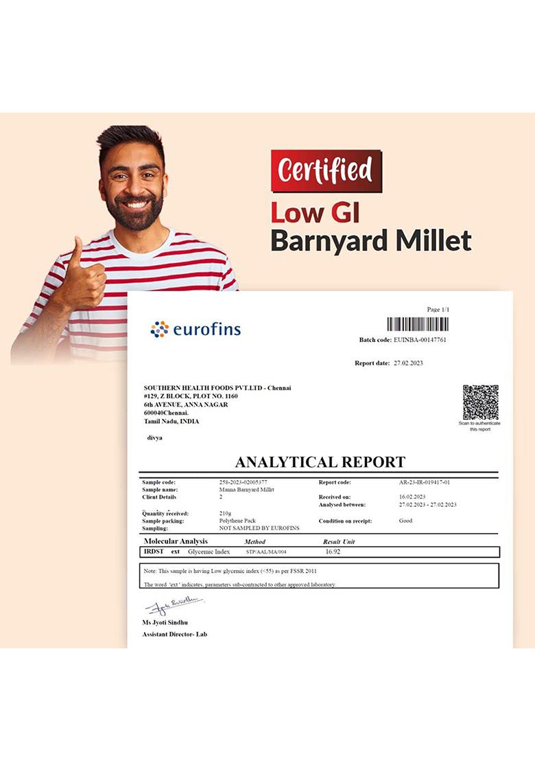 Manna Barnyard Millet 1Kg Unpolished, Certified Low GI, Glycemix Index value 17 Khira/Samak/Kuthiraivally/Udalu/Kodisama/siridhanya/ Samak rice for fasting, 20% more protein & 100% more Fibre than white rice. Natural Grains