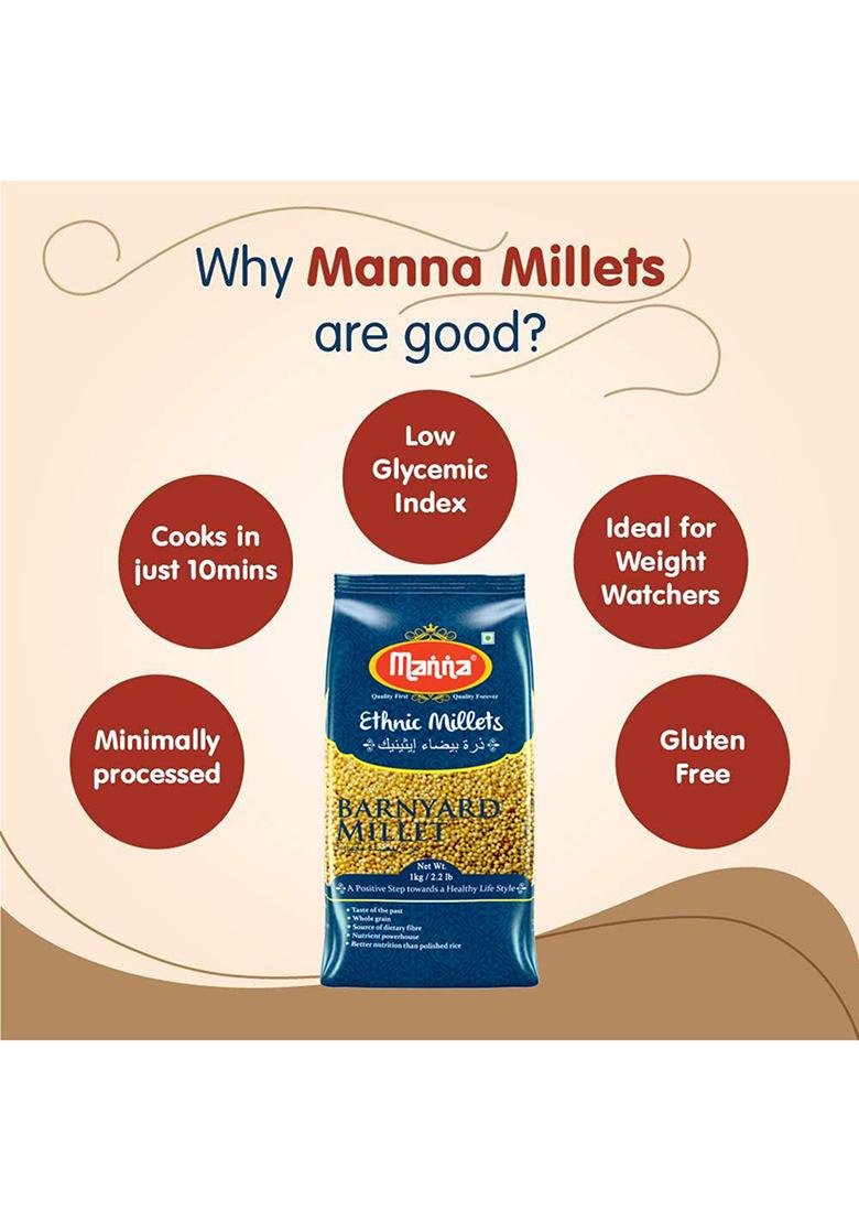 Manna Barnyard Millet 1Kg Unpolished, Certified Low GI, Glycemix Index value 17 Khira/Samak/Kuthiraivally/Udalu/Kodisama/siridhanya/ Samak rice for fasting, 20% more protein & 100% more Fibre than white rice. Natural Grains
