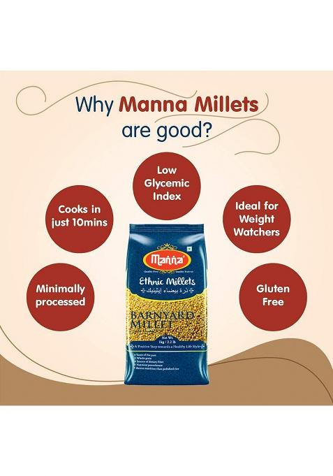 Manna Barnyard Millet 1Kg Unpolished, Certified Low GI, Glycemix Index value 17 Khira/Samak/Kuthiraivally/Udalu/Kodisama/siridhanya/ Samak rice for fasting, 20% more protein & 100% more Fibre than white rice. Natural Grains