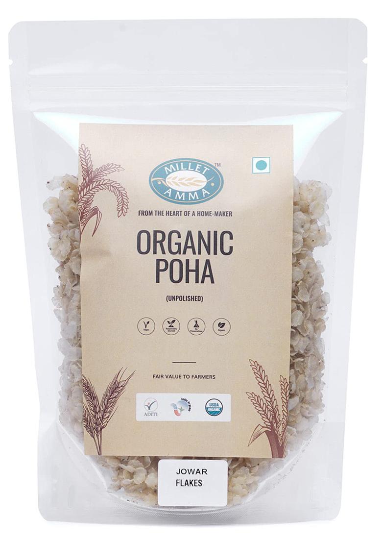 Millet Amma Organic Jowar Poha Flakes 1 Kg (2 Packs of 500gm) | Gluten Free | Best Choice for Making Poha and Health Snack Recipes | Millet Flakes for a Healthy and Nutritious Breakfast