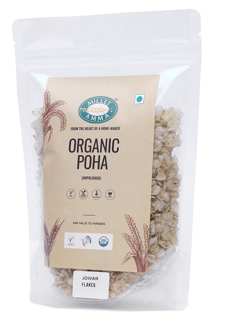 Millet Amma Organic Jowar Poha Flakes 1 Kg (2 Packs of 500gm) | Gluten Free | Best Choice for Making Poha and Health Snack Recipes | Millet Flakes for a Healthy and Nutritious Breakfast