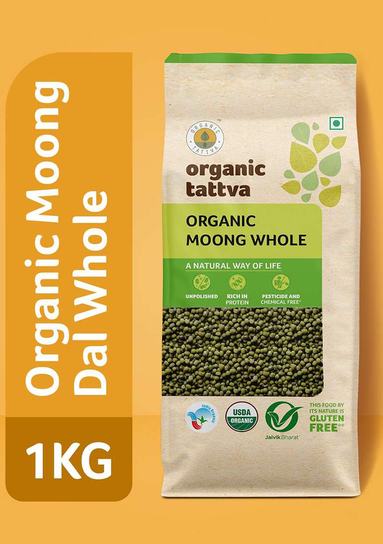 Organic Tattva Green Moong Whole Sabut Gluten Free and Unpolished Dal 1 KG - Indya