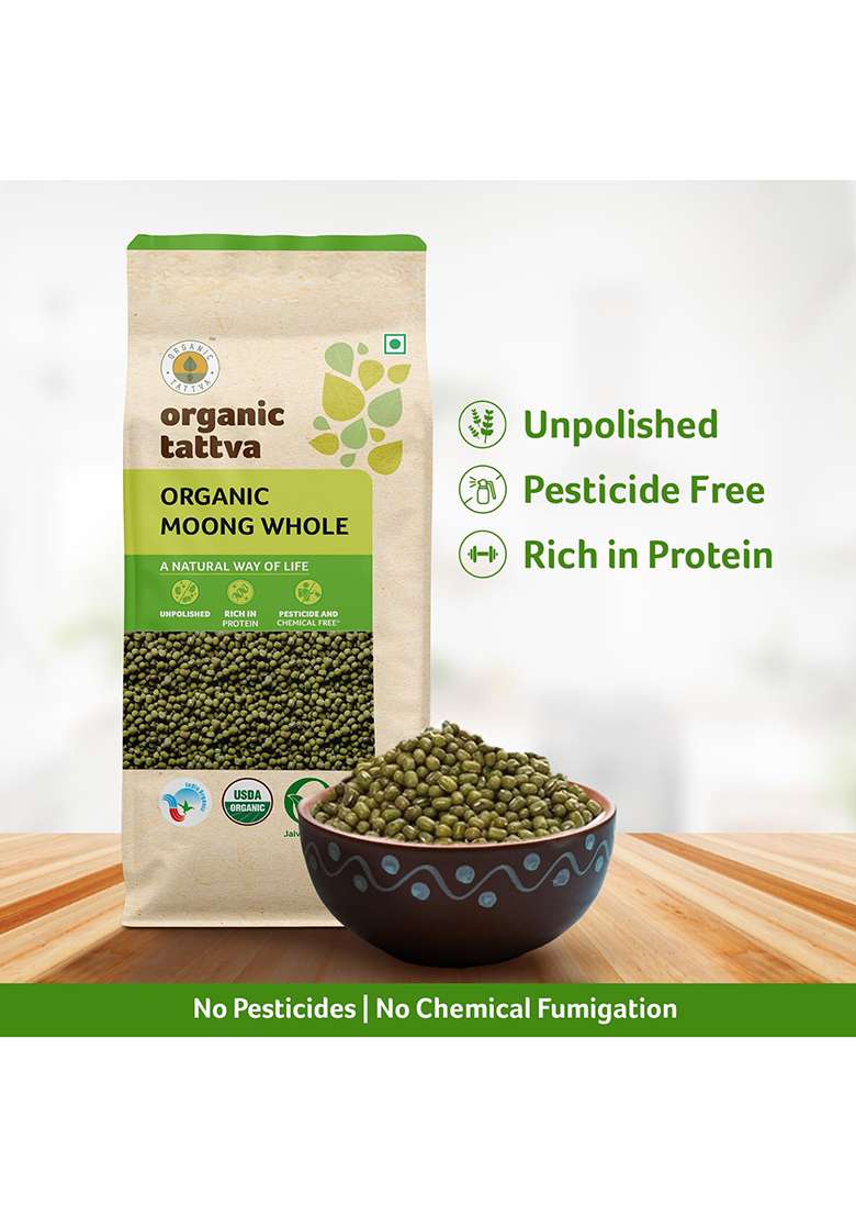 Organic Tattva Green Moong Whole Sabut Gluten Free and Unpolished Dal 1 KG - Indya