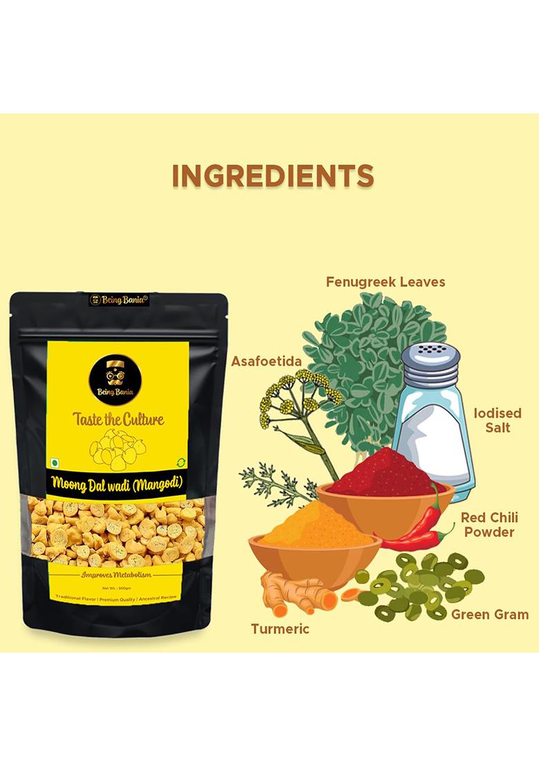 Being Bania Homemade Rajasthani Mangodi / Mungori Wadi / Badi, 500 Gms | Hand made | Made with Moong Daal | Rich in Protein | Premium Ingredients | No Added Preservatives | Ready to Cook