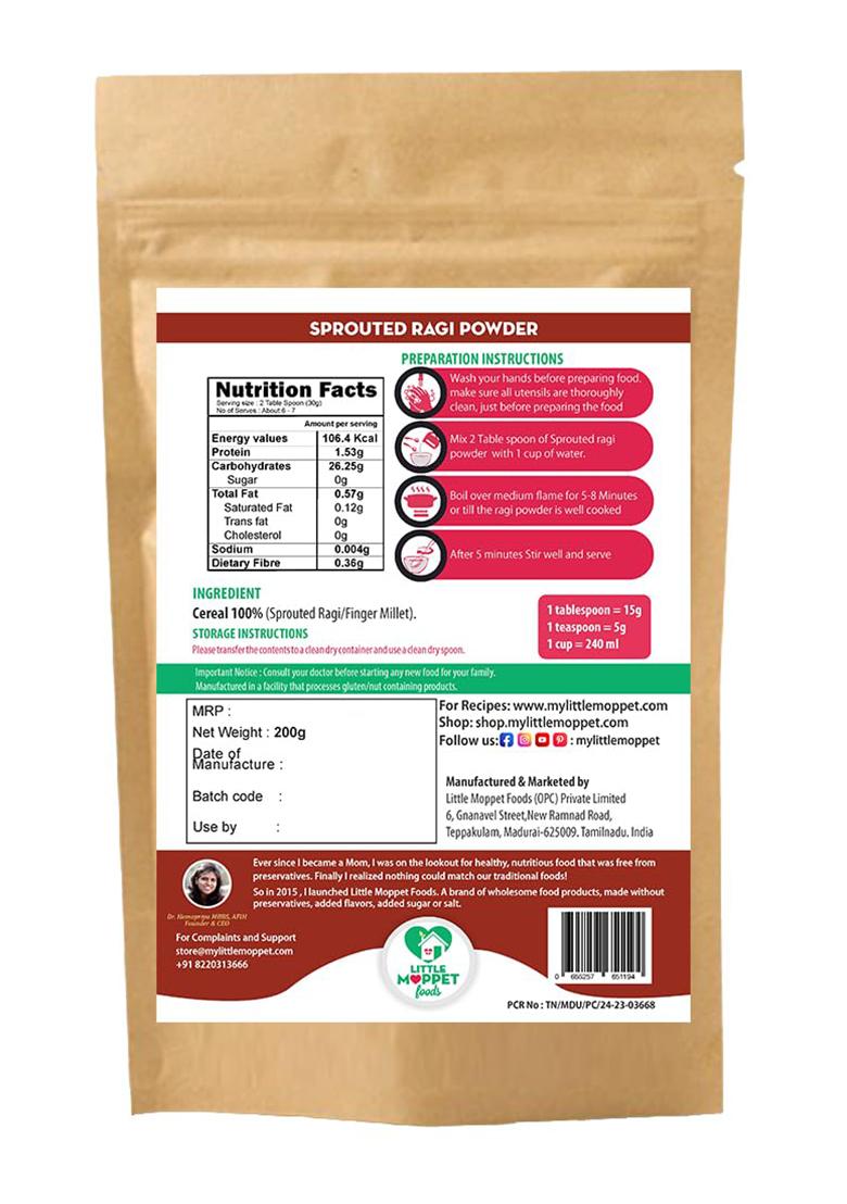 Little Moppet Foods Sprouted Ragi Powder | Made by a Doctor Mom |Hand Roasted in Small Batches| No Added Sugar, Salt,Milk or Preservatives |Calcium Rich |Nachni Flour|Ragisatva/Kodra/Taidalu/Kezhvaragu/Finger Millet Flour|200g
