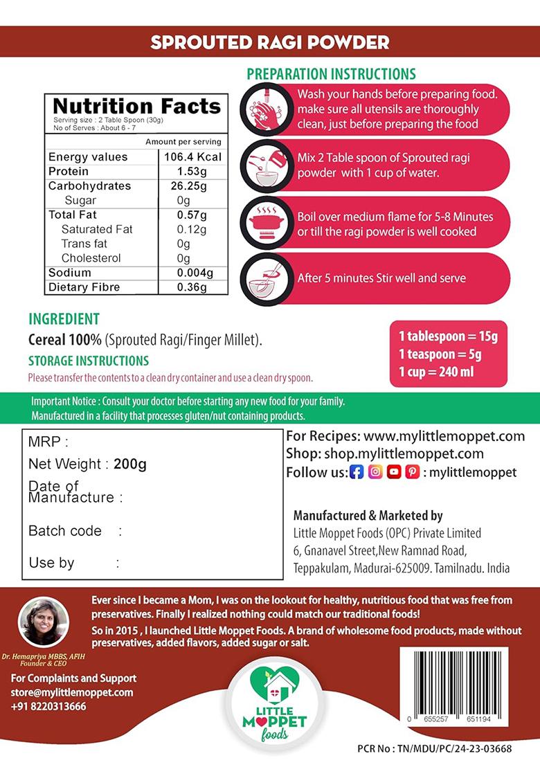 Little Moppet Foods Sprouted Ragi Powder | Made by a Doctor Mom |Hand Roasted in Small Batches| No Added Sugar, Salt,Milk or Preservatives |Calcium Rich |Nachni Flour|Ragisatva/Kodra/Taidalu/Kezhvaragu/Finger Millet Flour|200g