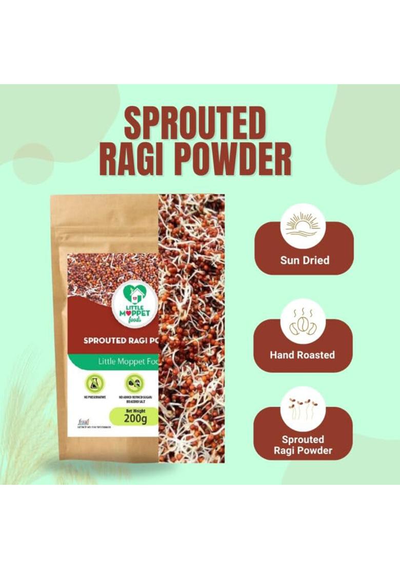 Little Moppet Foods Sprouted Ragi Powder | Made by a Doctor Mom |Hand Roasted in Small Batches| No Added Sugar, Salt,Milk or Preservatives |Calcium Rich |Nachni Flour|Ragisatva/Kodra/Taidalu/Kezhvaragu/Finger Millet Flour|200g