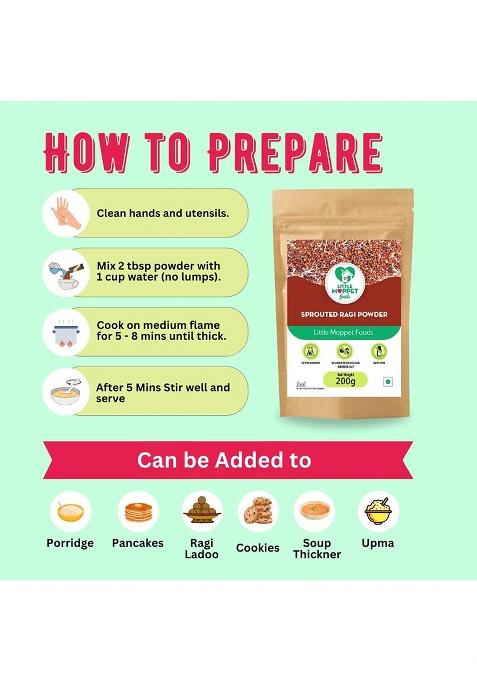 Little Moppet Foods Sprouted Ragi Powder | Made by a Doctor Mom |Hand Roasted in Small Batches| No Added Sugar, Salt,Milk or Preservatives |Calcium Rich |Nachni Flour|Ragisatva/Kodra/Taidalu/Kezhvaragu/Finger Millet Flour|200g