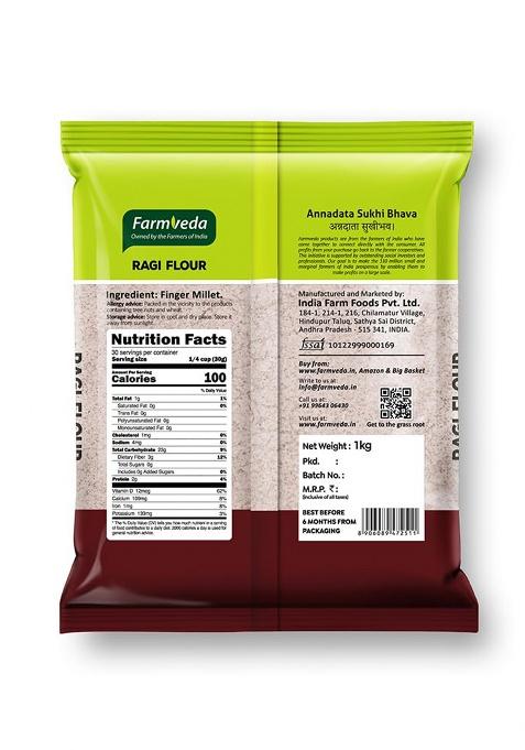 Farm Veda Ragi Atta- 1 Kg | 100% Natural Finger Millet Flour/Nachni Atta | Gluten-Free | Rich in Calcium & Iron