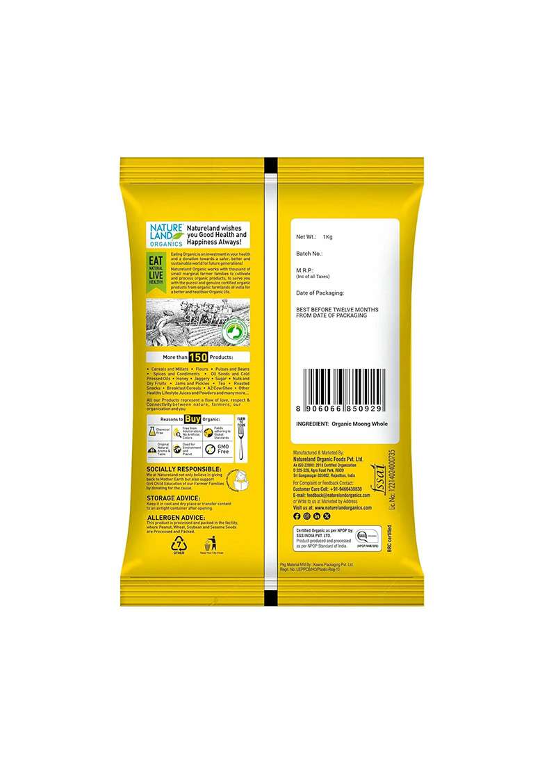 Natureland Organics Moong Dal Yellow/Split Washed 1 Kgorganic Healthy Pulses - Indya