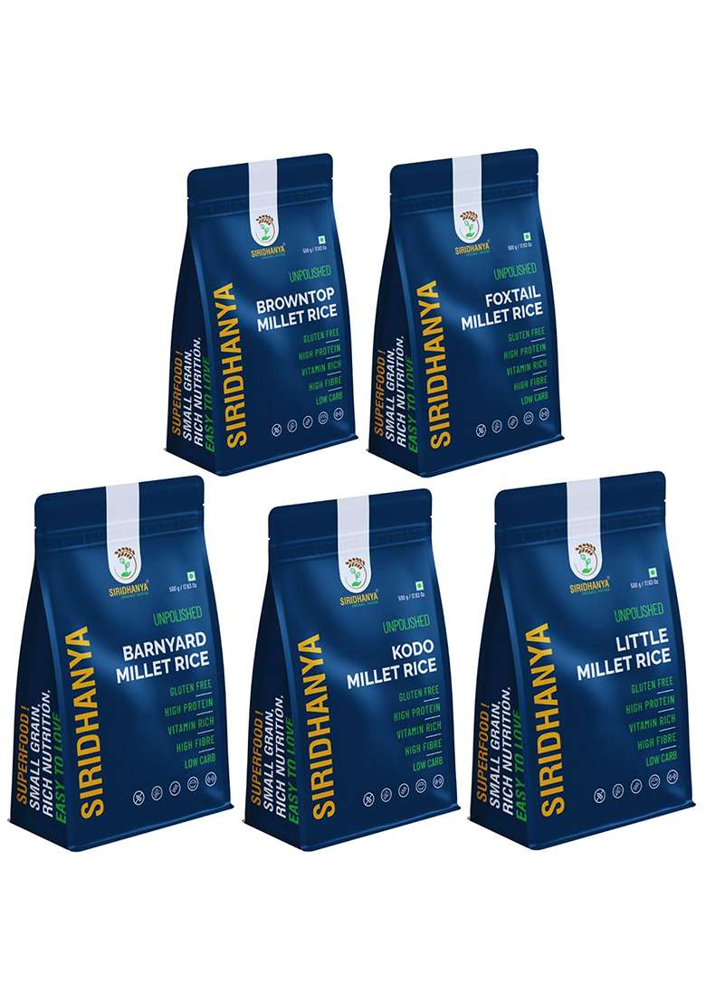 Siridhanya Unpolished millets whole grains Combo Pack (5 x 500g) â€“ Foxtail, Kodo, Little, Barnyard, Browntop Low GI, Gluten-Free, High Fibre & Plant based Protein Natural Healthy Grain for healthy life wt. 2.5kg - Indya