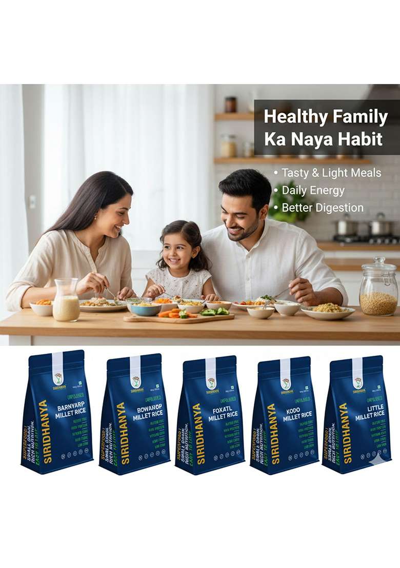 Siridhanya Unpolished millets whole grains Combo Pack (5 x 500g) â€“ Foxtail, Kodo, Little, Barnyard, Browntop Low GI, Gluten-Free, High Fibre & Plant based Protein Natural Healthy Grain for healthy life wt. 2.5kg - Indya