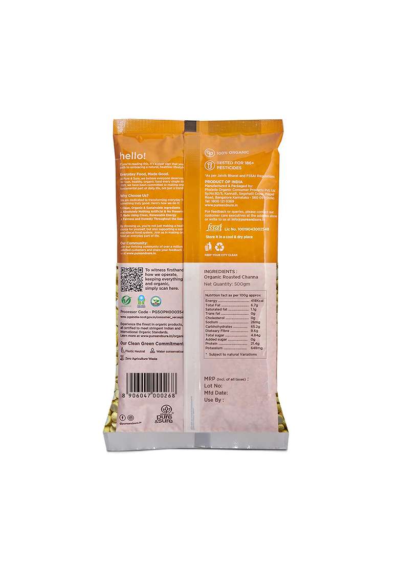Phalada Pure & Sure Pure & Sure Organic Roasted Chana Dal 500gm | 100% Bhuna Chana, Natural & Vegan | Gluten Free | Rich in Protein & Energy Source | No Additives & Pesticides Free - Indya