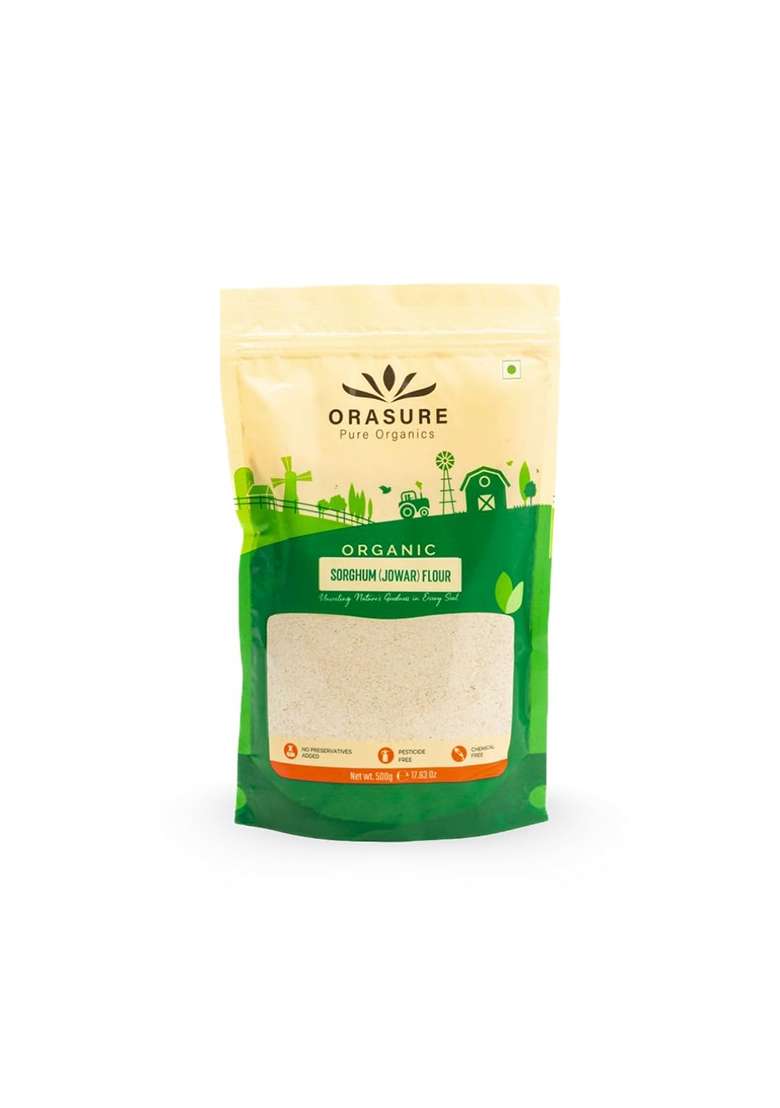 Orasure Organic Jowar Flour - 500 g (Pack Of 1) | Natural Jowar Chakki Atta | Rich with High Fibre and Nutrients | Low Carbs and Easy to Digest - Indya