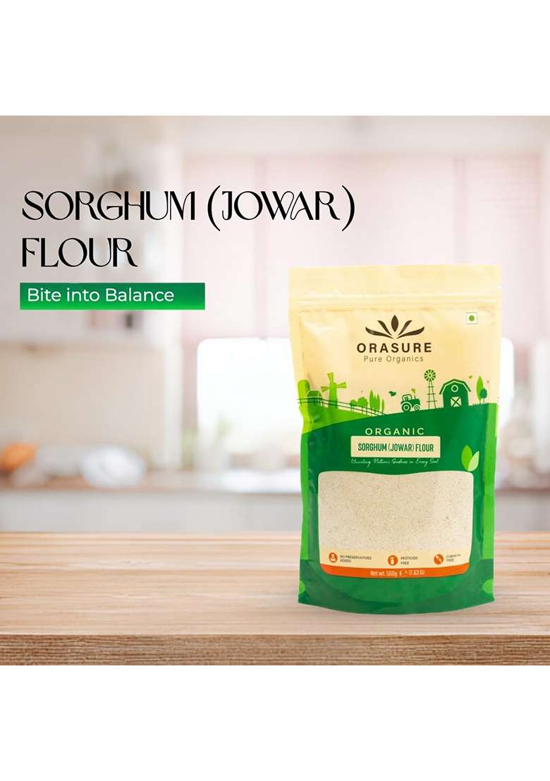 Orasure Organic Jowar Flour - 500 g (Pack Of 1) | Natural Jowar Chakki Atta | Rich with High Fibre and Nutrients | Low Carbs and Easy to Digest - Indya