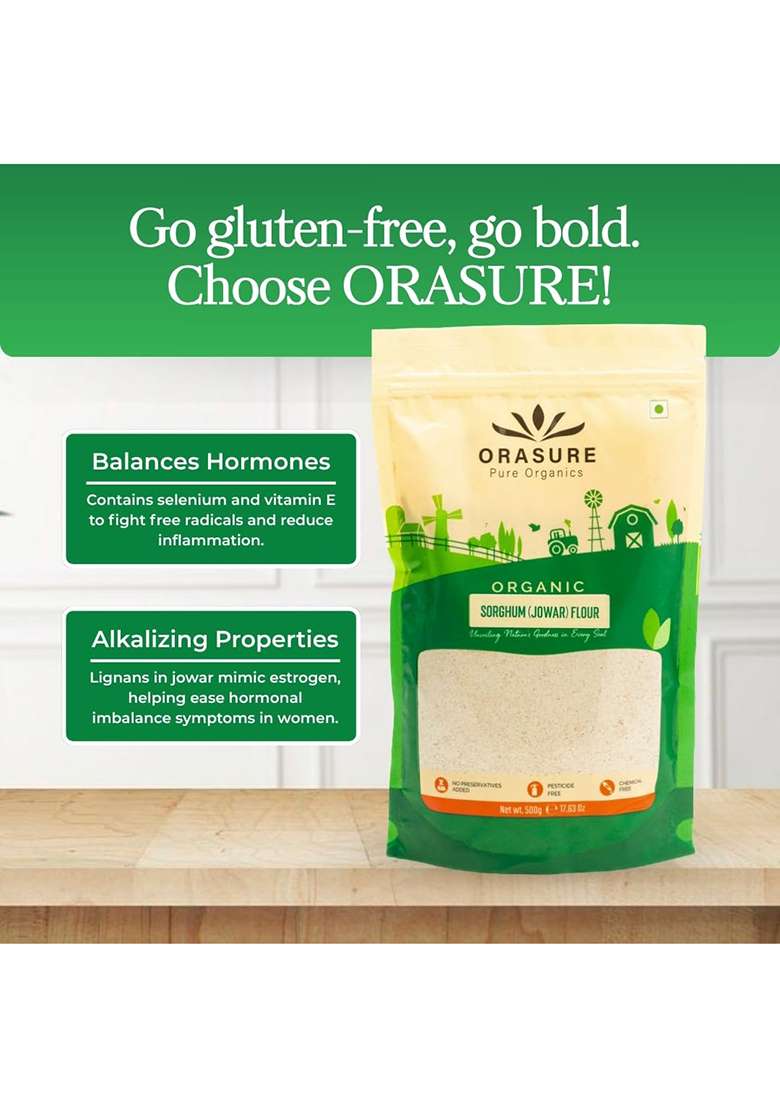 Orasure Organic Jowar Flour - 500 g (Pack Of 1) | Natural Jowar Chakki Atta | Rich with High Fibre and Nutrients | Low Carbs and Easy to Digest - Indya