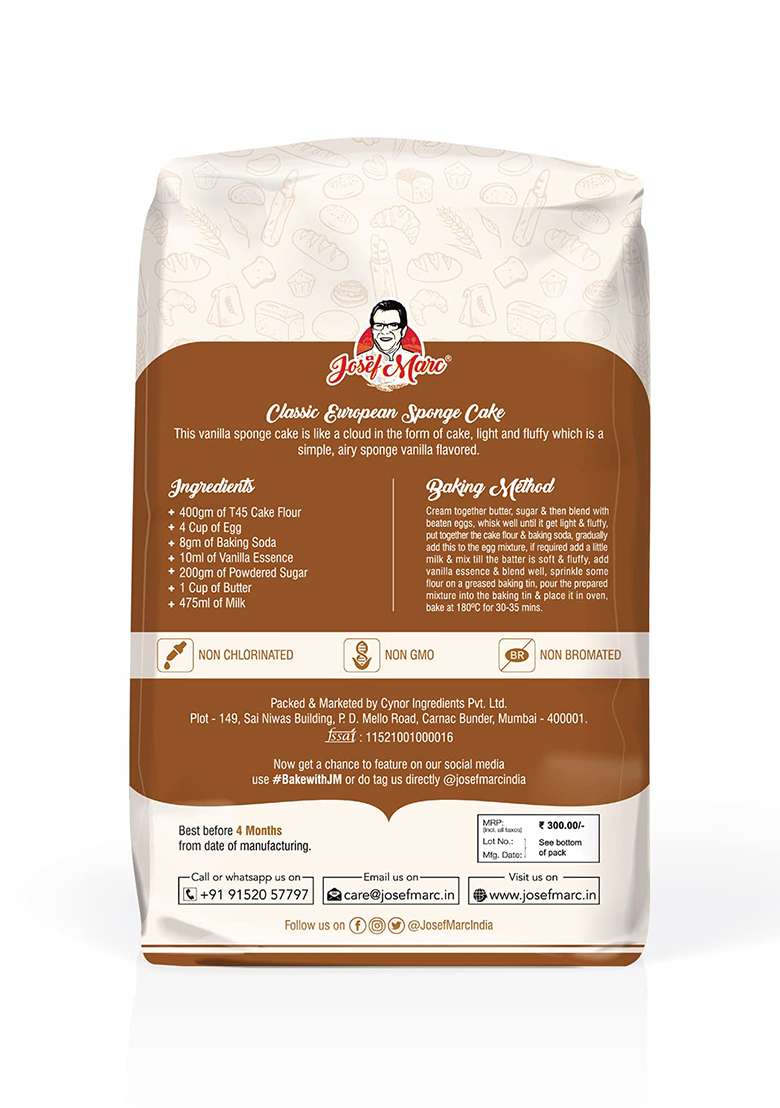 Josef Marc T45 Cake Flour, 2 LBS (907 grams) - Unbleached & Low Protein Flour, All Purpose Cake Flours. - Indya