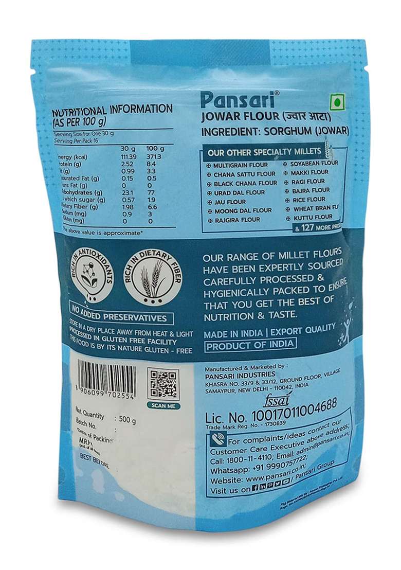 Pansari Jowar Flour (Sorghum Millet), 500 grams Pouch - Indya